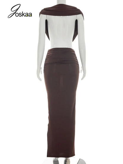 Women's Ruched Backless V-neck Bodycon Maxi Dress - Detail View
