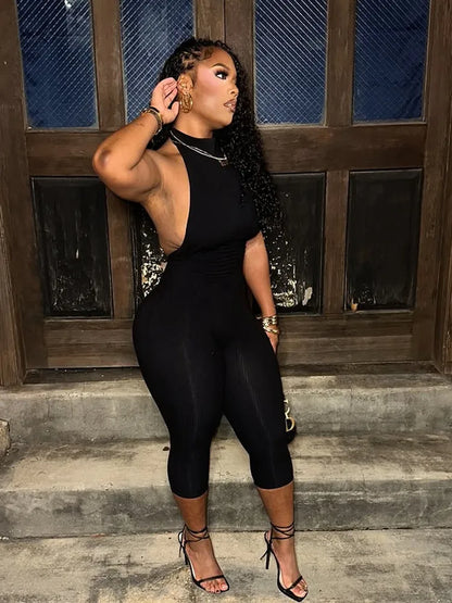 Women's Knit Backless Halter Bodycon Romper Black – Side View