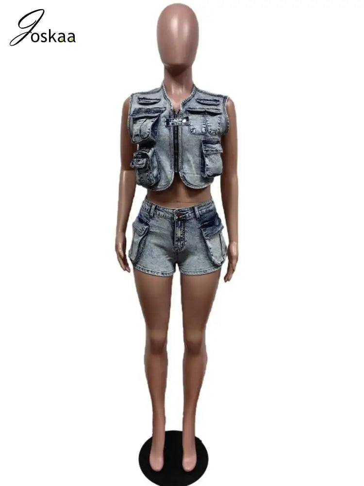 Women's Denim Crop Stretch Pockets Vest Two Piece Set Dark Grey – Back View