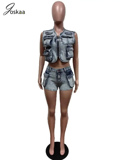 Women's Denim Crop Stretch Pockets Vest Two Piece Set Dark Grey – Back View