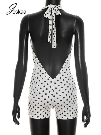 Women's Polka Dot Backless V-neck Halter Romper - Detail View