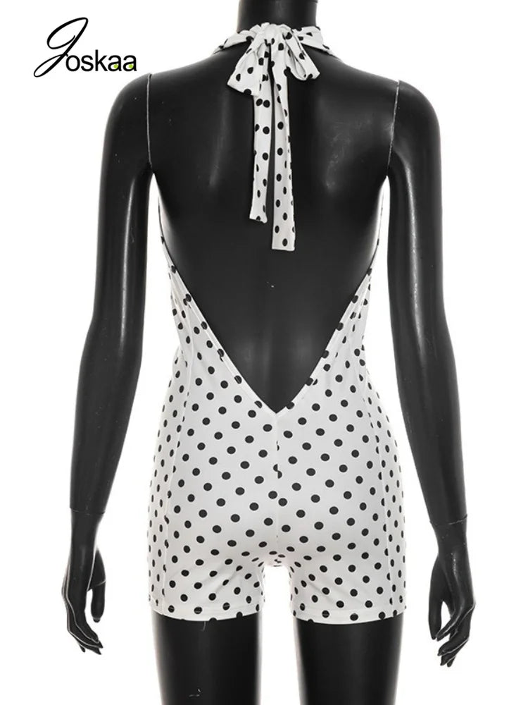 Women's Polka Dot Backless V-neck Halter Romper - Detail View