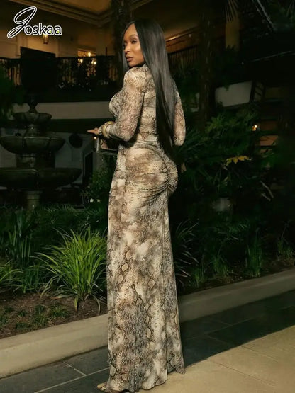Women's Snake Print Ruched Cutout Maxi Dress Khaki – Side View
