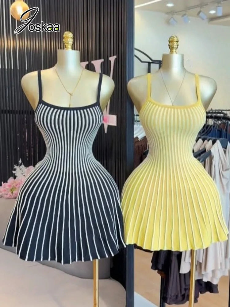 Women's Stripe Knit Sleeveless Ribbed Pleated Dress – Women's Fashion Wholesale – Front View