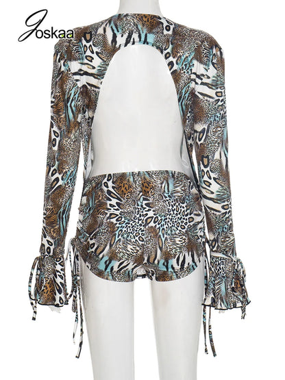 Women's Leopard Print Backless Two Piece Set Brown – Detail View