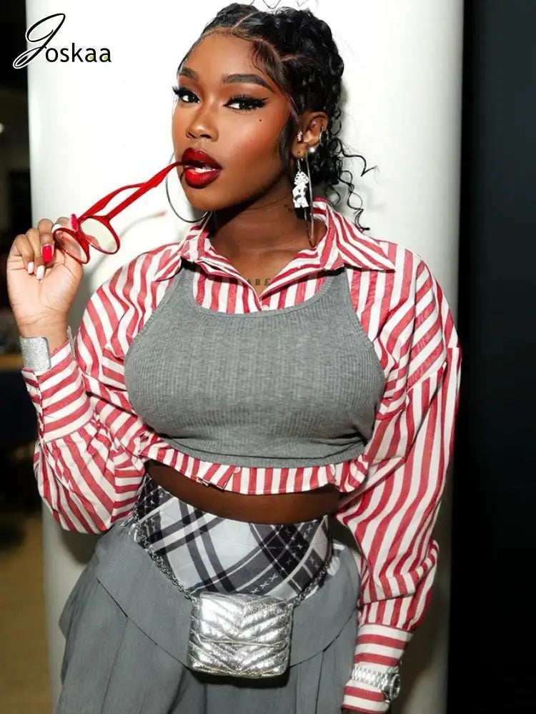 Women's Stripe Long Sleeve Crop Two Piece Set Stripe – Front View