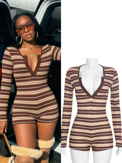 Women's Striped V-neck Long Sleeve Bodycon Romper - Additional View 8