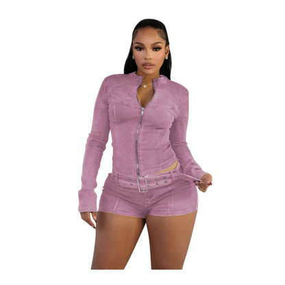 Women's Denim Long Sleeve Zip Two Piece Set