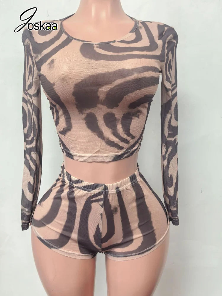 Women's Swirl Print Mesh Long Sleeve High Waist Two Piece Set 0141 - Detail View