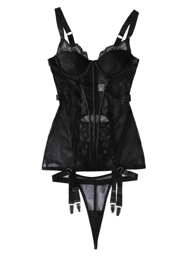 Women's Lace Mesh Lingerie Sheer Adjustable Two Piece Set