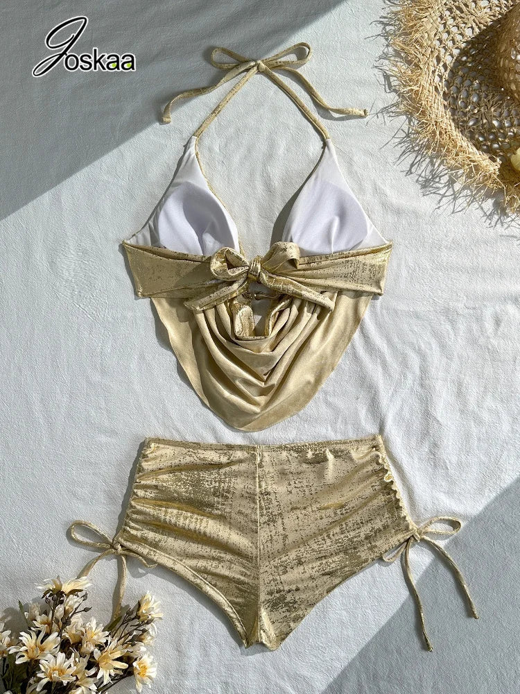 Women's Halter Swimwear Shiny Gold Swimsuit - Detail View