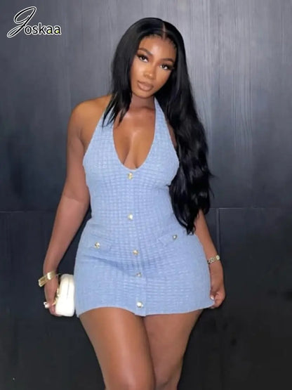 Women's Knit Backless Halter Bodycon Mini Dress Light Blue – Side View