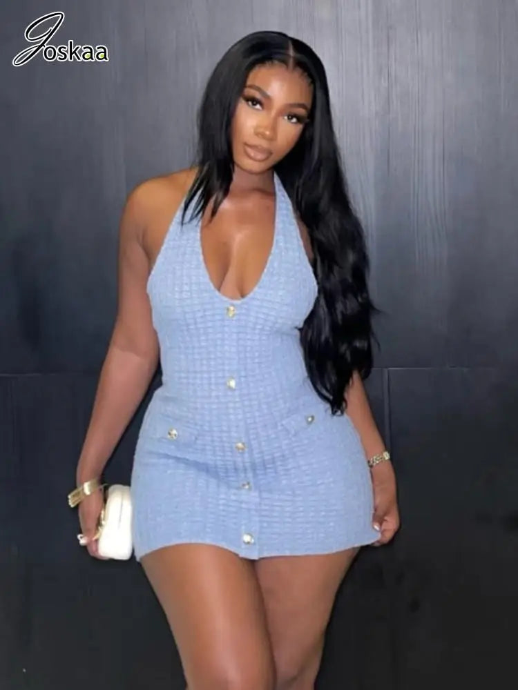Women's Knit Backless Halter Bodycon Mini Dress Light Blue – Side View