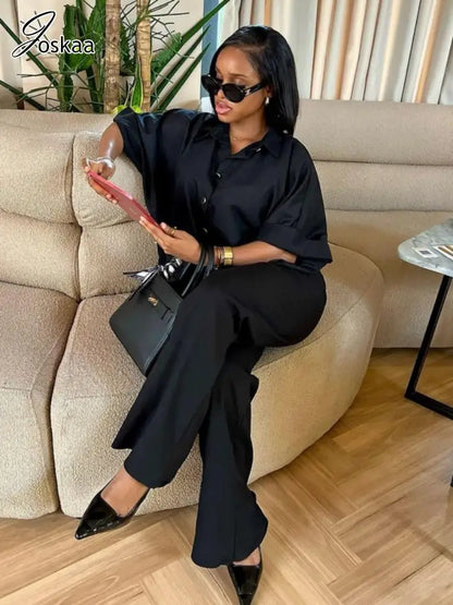 Women's Short Sleeve Flare Two Piece Set Black – Front View