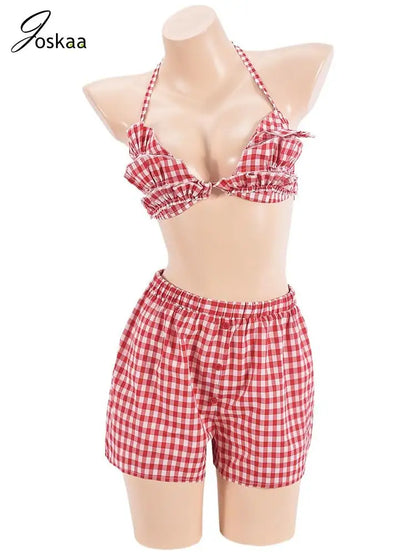 Wholesale Women's Backless Plaid Two Piece Set Red – Back View