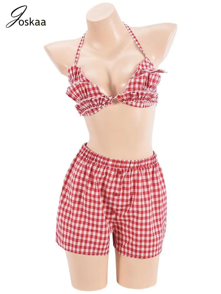 Wholesale Women's Backless Plaid Two Piece Set Red – Back View