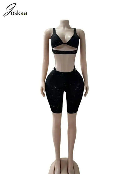 Women's Cutout Crop Black Tank Tops Two Piece Set Black – Detail View