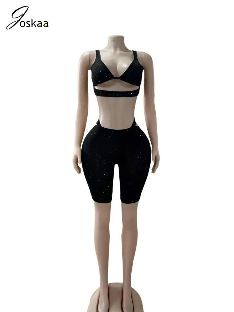 Women's Cutout Crop Black Tank Tops Two Piece Set Black – Detail View