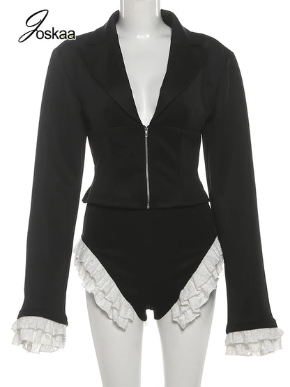 Women's Lace Long Sleeve High Waist Two Piece Set Black – Back View