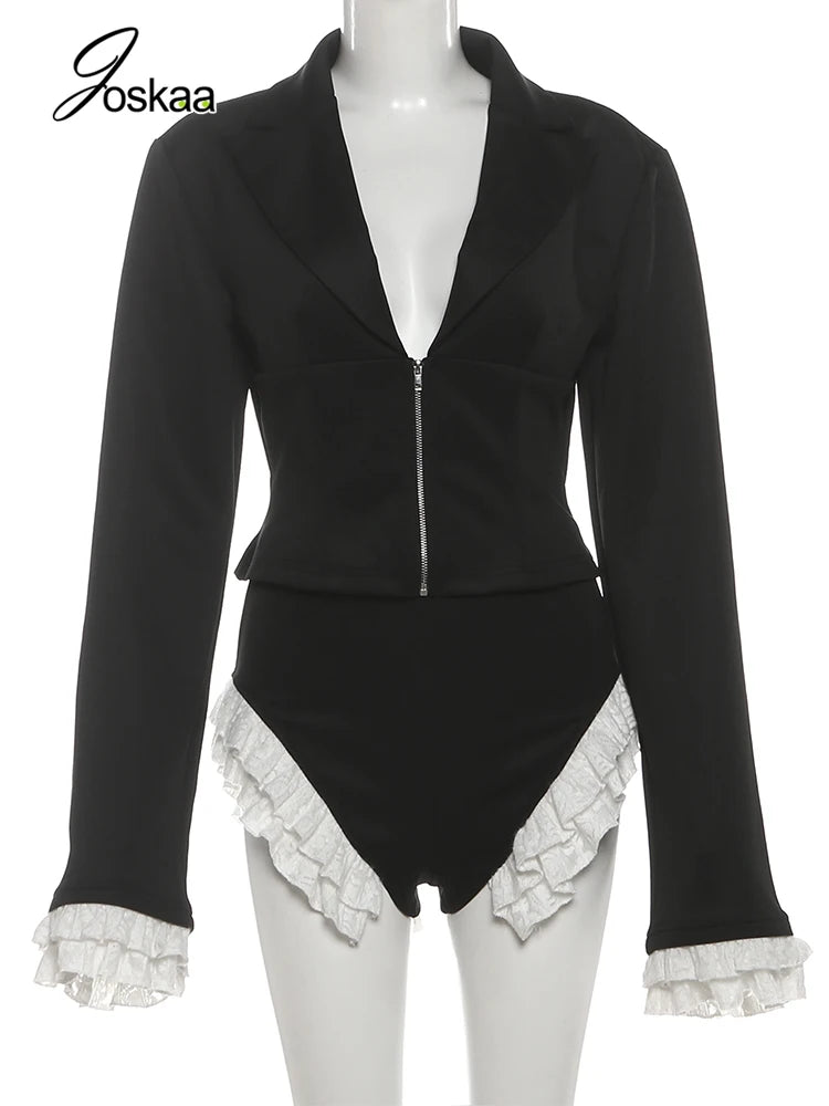 Women's Lace Long Sleeve High Waist Two Piece Set Black – Back View