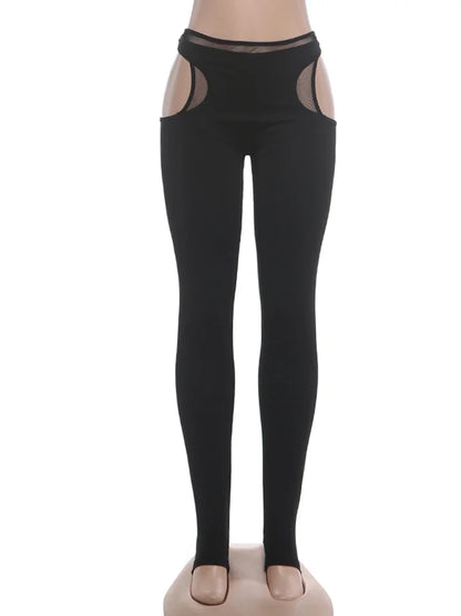 Women's Mesh Cutout Bodycon Pants Black Stirrup Leggings - Detail View 8