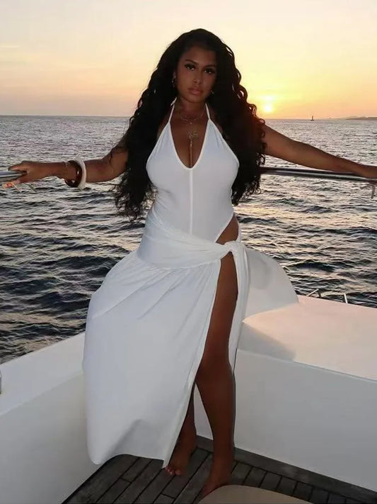 Women's Halter Elegant Solid Bodysuits Two Piece Set – Women's Fashion Wholesale – Front View
