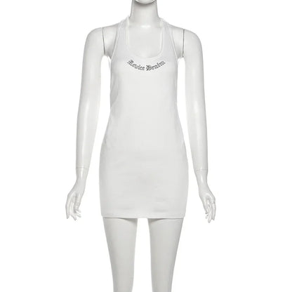 Women's Ribbed Knit Backless Halter Sleeveless Mini Dress - Detail View 6