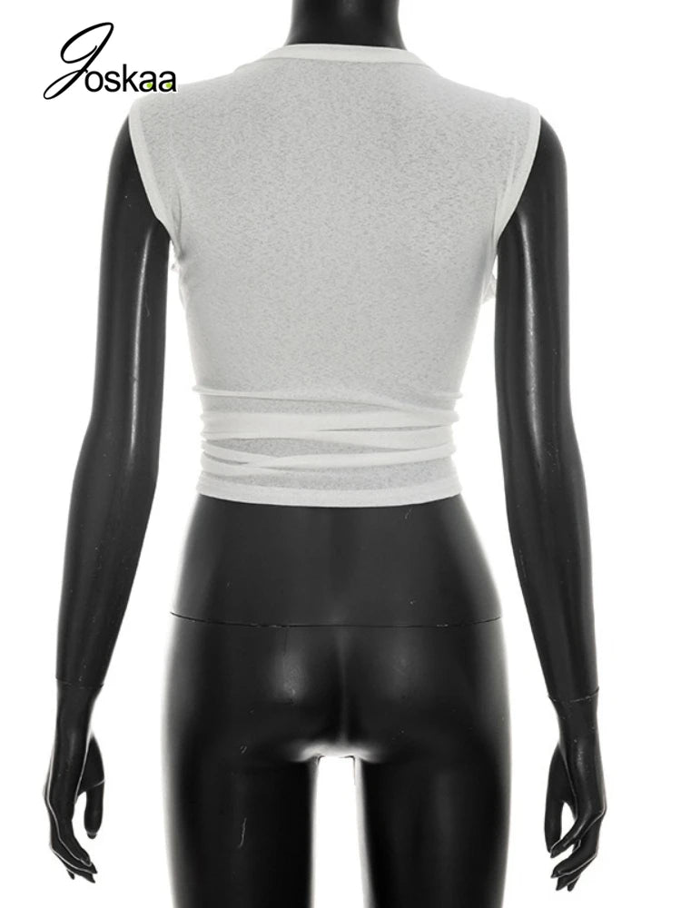 Wholesale Women's Sleeveless Solid Deep Neck Top White – Detail View