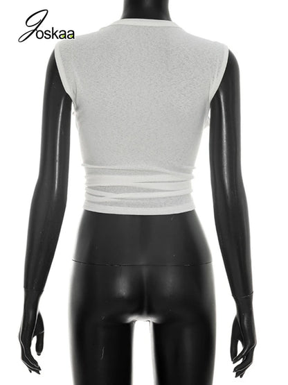 Wholesale Women's Sleeveless Solid Deep Neck Top White – Detail View