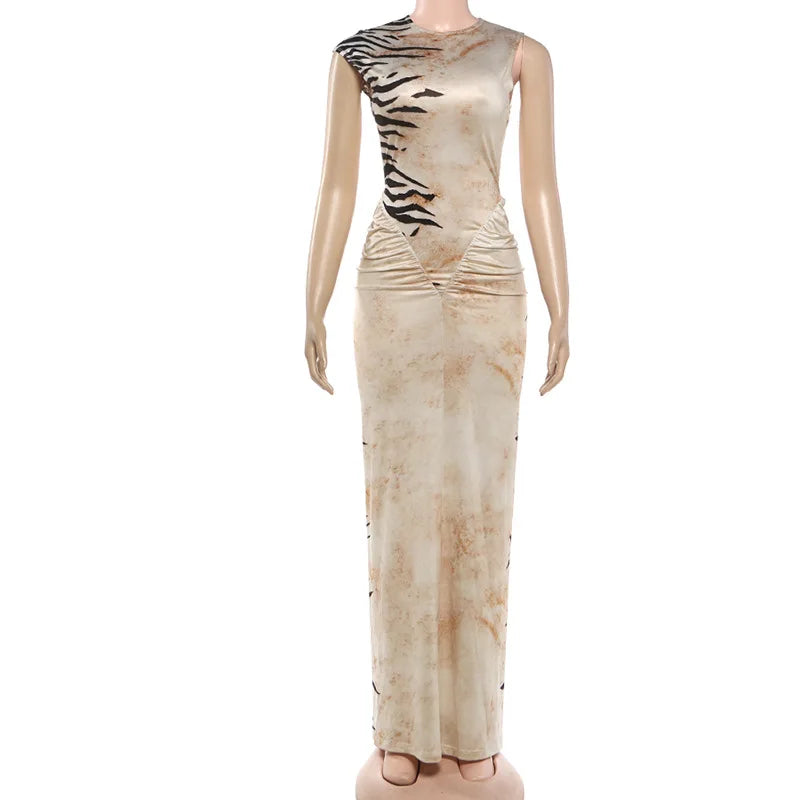 Women's Striped Ruched Backless Sleeveless Maxi Dress - Detail View 8