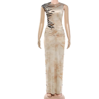 Women's Striped Ruched Backless Sleeveless Maxi Dress - Detail View 8