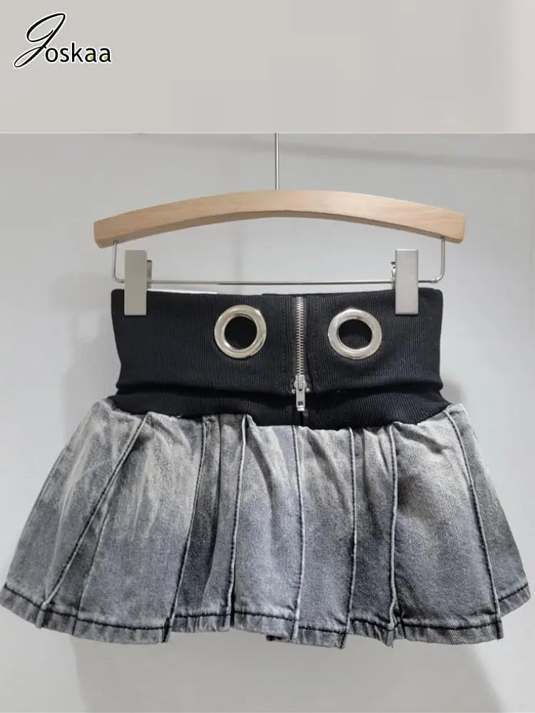 Women's Denim Knit Mini Ribbed Pleated Skirt Black Gray – Side View