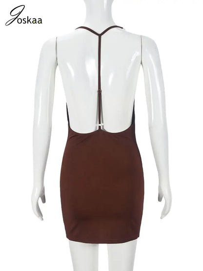 Women's Backless Halter Elegant Deep V-neck Mini Dress Coffee – Detail View