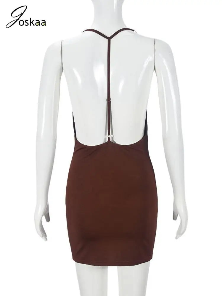 Women's Backless Halter Elegant Deep V-neck Mini Dress Coffee – Detail View