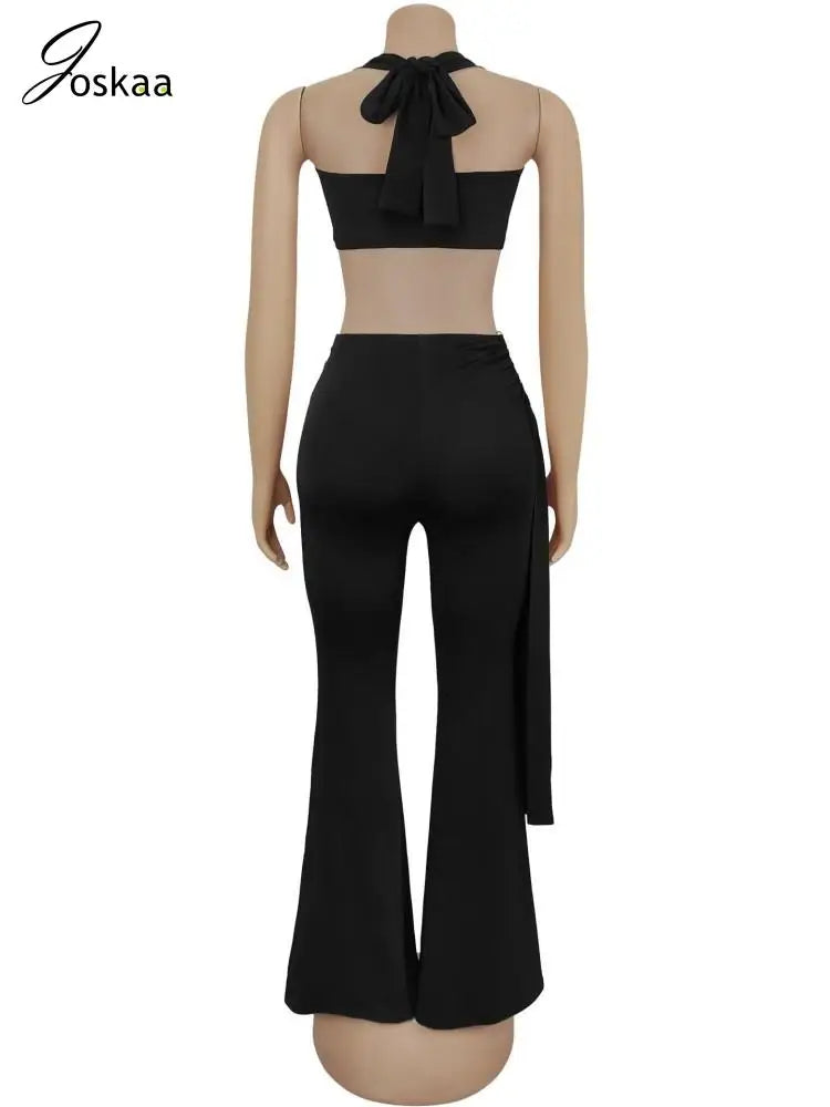 Women's Ruched Backless Halter Two Piece Set Black – Detail View