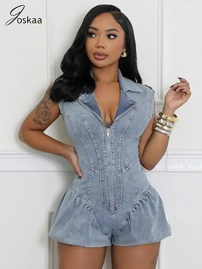 Women's Denim Sleeveless Bodycon Zip Romper Light Blue – Front View