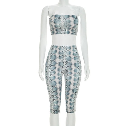Women's Snake Print Strapless Crop Two Piece Set