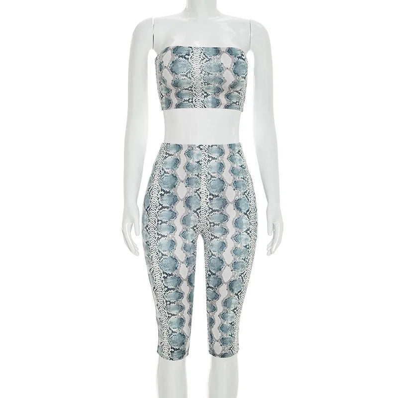 Women's Snake Print Strapless Crop Two Piece Set