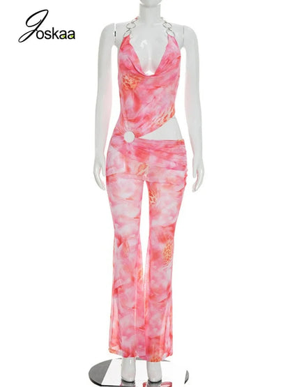 Women's Mesh Backless Cutout Halter Romper Pink – Back View