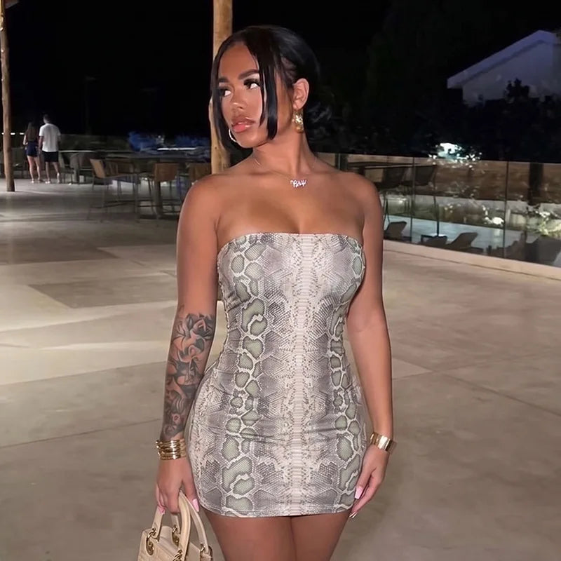Women's Snake Print Backless Strapless Mini Dress