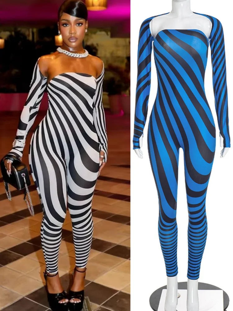 Women's Striped Strapless Long Sleeve Bodycon Two Piece Set - Additional View 8
