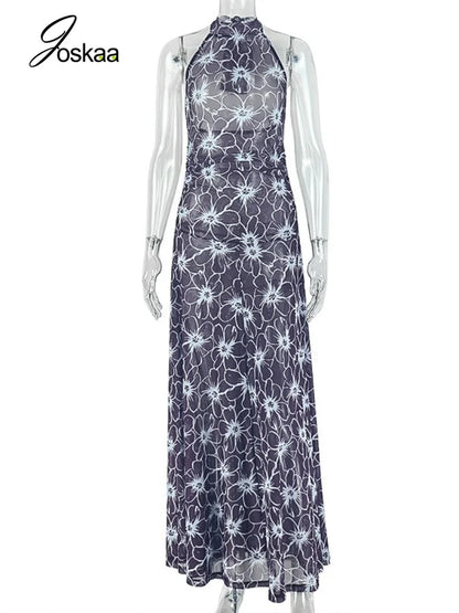 Women's Floral Print Lace Mesh Backless Dress Mixed – Back View