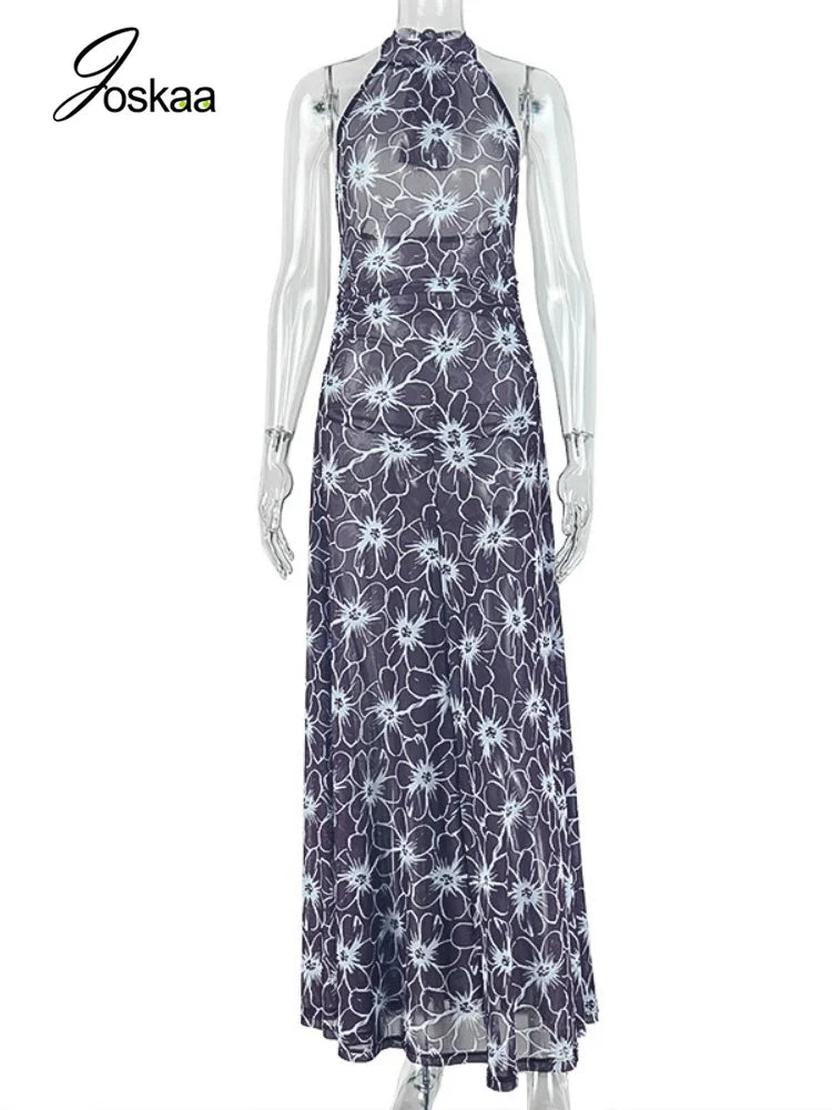 Women's Floral Print Lace Mesh Backless Dress Mixed – Back View