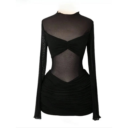 Women's Mesh Ruched Long Sleeve Mini Dress Black – Side View