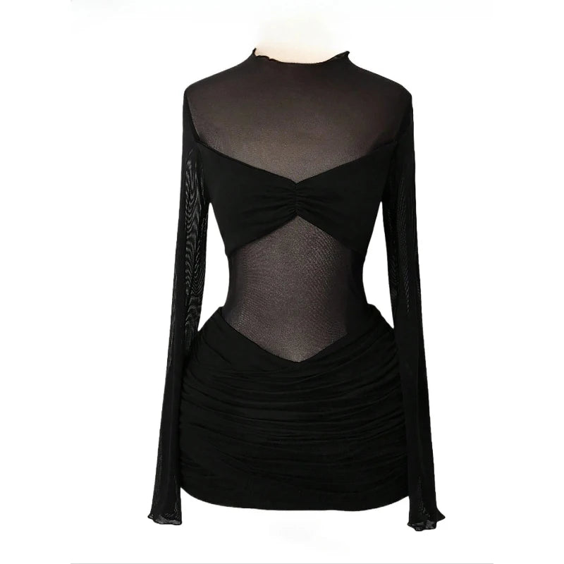 Women's Mesh Ruched Long Sleeve Mini Dress Black – Side View