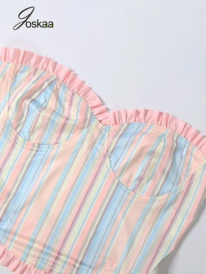 Women's Striped Strapless One Shoulder High Waist Two Piece Set - Model Wearing Style