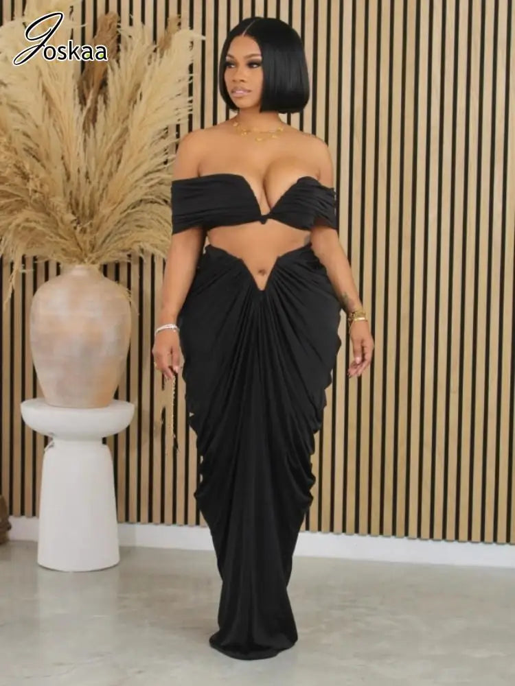 Women's Ruched Maxi Elegant Wrap Chest Two Piece Set Coffee – Front View
