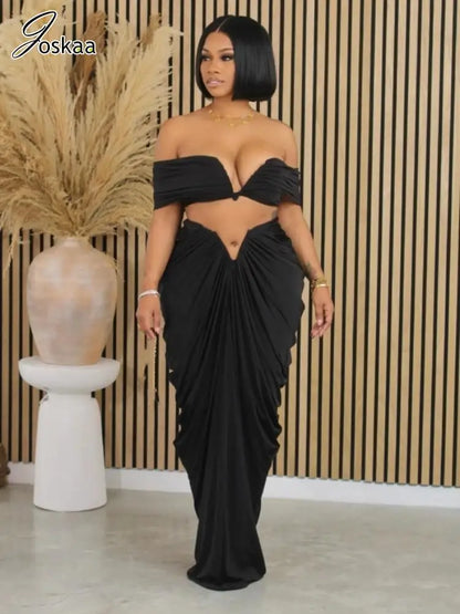 Women's Ruched Maxi Elegant Wrap Chest Two Piece Set Coffee – Front View