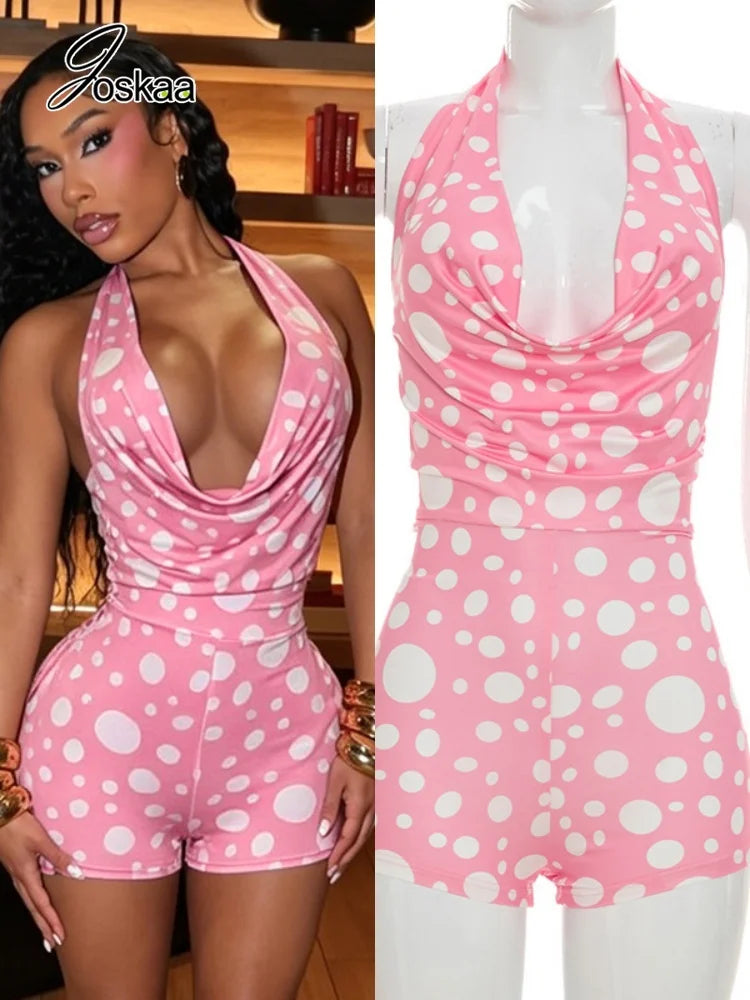 Women's Polka Dot Backless Halter Romper – Women's Fashion Wholesale – Front View