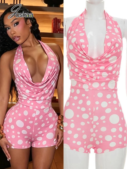 Women's Polka Dot Backless Halter Romper – Women's Fashion Wholesale – Front View